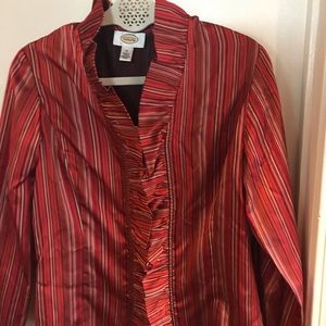 Talbots red & black pinstripe blouse with ruffles
